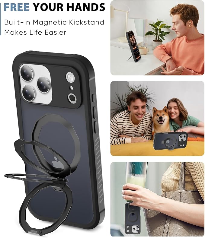 for iPhone 17 Pro Max Case with Screen Protector, Built-in Seamless Stand, [Compatible with MagSafe] Protective Shockproof Phone Case, Magnetic Cover for iPhone 17 ProMax 6.9 Inch - Black