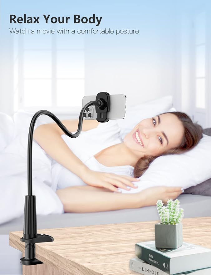 Tryone Gooseneck Phone Holder Hands-Free for Phone Viewing Or Recording, Adjustable Stable Metal Cell Stand Mount for Desk Table Bed, Soporte para Celular, Fits 4-7 Phones Including iPhone - Black