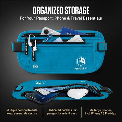 VENTURE 4TH Travel Money Belt - Slim Passport Holder RFID Blocking Travel Pouch to Protect Cash, Credit Cards and Travel Documents (Blue)
