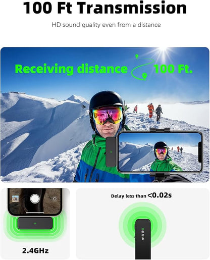 Rythflo Wireless Lavalier Microphone for iPhone Android PC with Noise Cancellation, 100ft Transmission, 18H Battery Life, Lightning & USB Type-C Wireless Lapel Microphone for Video Recording
