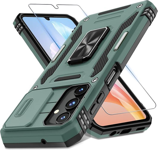 DEERLAMN Case for Samsung Galaxy A15 5G with Slide Camera Cover+Screen Protector (1 Pack), Rotated Ring Kickstand Military Grade Shockproof Protective Cover-Green