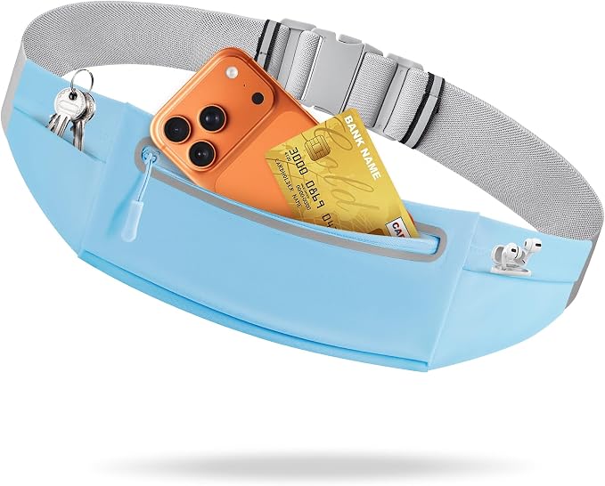 Slim Running Belt for Men Women - No-Bounce Phone Holder Waist Pack, Runners Fanny Pack with Sweat-Proof Pocket ，Travel Money Pouch for Gym/Hiking/Cycling (Light Blue)