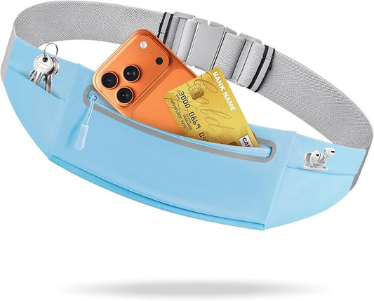 Slim Running Belt for Men Women - No-Bounce Phone Holder Waist Pack, Runners Fanny Pack with Sweat-Proof Pocket ，Travel Money Pouch for Gym/Hiking/Cycling (Light Blue)