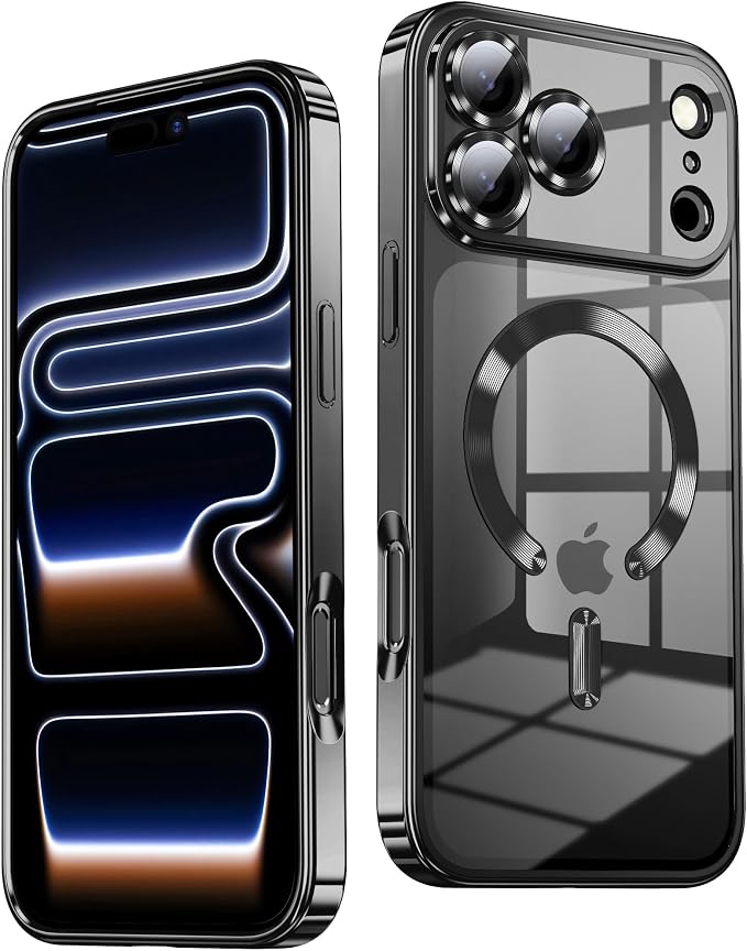 Slim Thin for iPhone 17 Pro Case Clear, Compatible with MagSafe, Built-in Camera Lens Protector, Shockproof Protective Phone Case, Soft Electroplated Magnetic Cover, Black