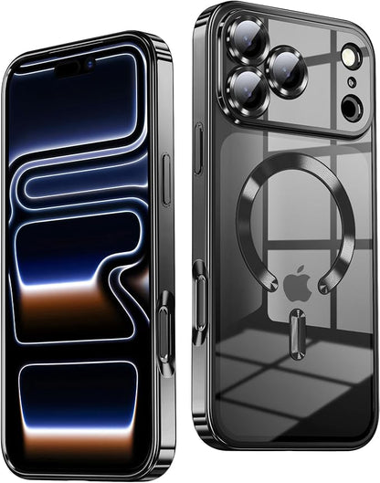Slim Thin for iPhone 17 Pro Case Clear, Compatible with MagSafe, Built-in Camera Lens Protector, Shockproof Protective Phone Case, Soft Electroplated Magnetic Cover, Black