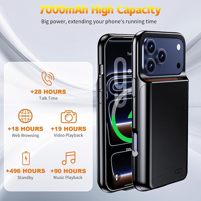 2026 Ultra-Slim Battery Case for iPhone 17 Pro (6.3 inch), Charging Case 7000mAh Rechargeable Portable Extended Charger Case Cover w/Tempered-Glass Protector - Black