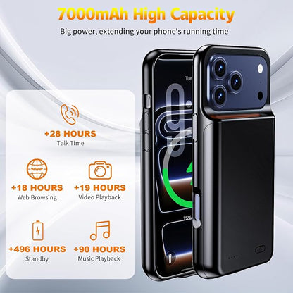 2026 Ultra-Slim Battery Case for iPhone 17 Pro (6.3 inch), Charging Case 7000mAh Rechargeable Portable Extended Charger Case Cover w/Tempered-Glass Protector - Black