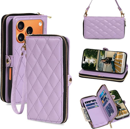Rssviss Crossbody Case for iPhone 17 Pro Case Wallet, RFID Blocking Leather with Card Holder Kickstand, Handbag Zipper Flip Cover with Wrist Strap for iPhone 17 Pro Men Women 6.3", Purple