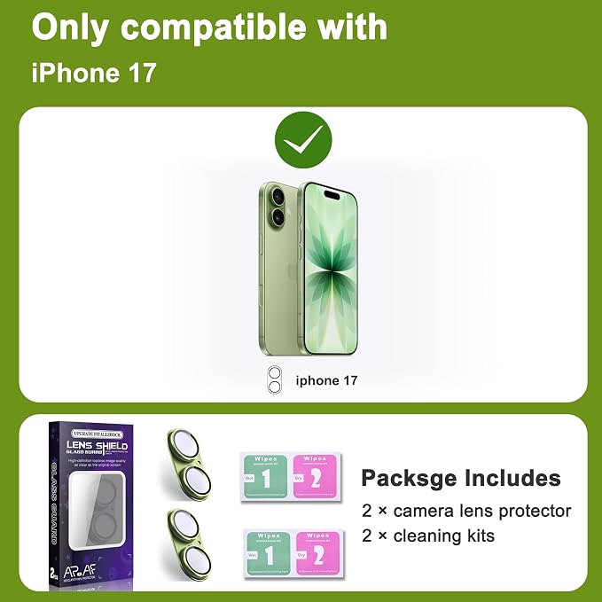 2-Pack Shatterproof Camera Lens Protector for iPhone 17 |AR Tempered Glass Strong Adsorption Metal Camera Cover Screen(Light Green)
