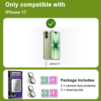 2-Pack Shatterproof Camera Lens Protector for iPhone 17 |AR Tempered Glass Strong Adsorption Metal Camera Cover Screen(Light Green)