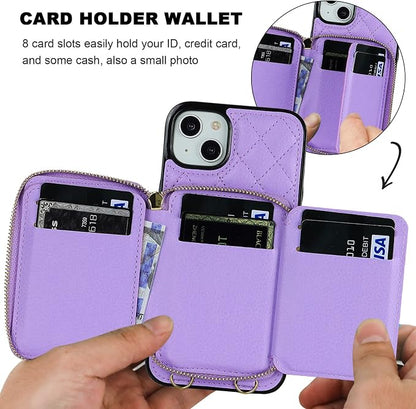 Bocasal Crossbody Wallet Case for iPhone 14 Plus, RFID Blocking PU Leather Zipper Handbag Purse Flip Cover, Kickstand Folio Case with Card Slots Holder Wrist Strap Lanyard 5G 6.7 Inch (Purple)