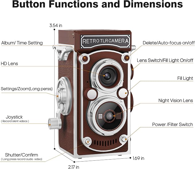 Mini Retro TLR Digital Camera, Portable 24MP 1080P FHD Vintage Point and Shoot Pocket Travel Camera with Twin Lens, Autofocus, 16X Digital Zoom, 16GB Card, for Beginners, Teens & Adults - Brown