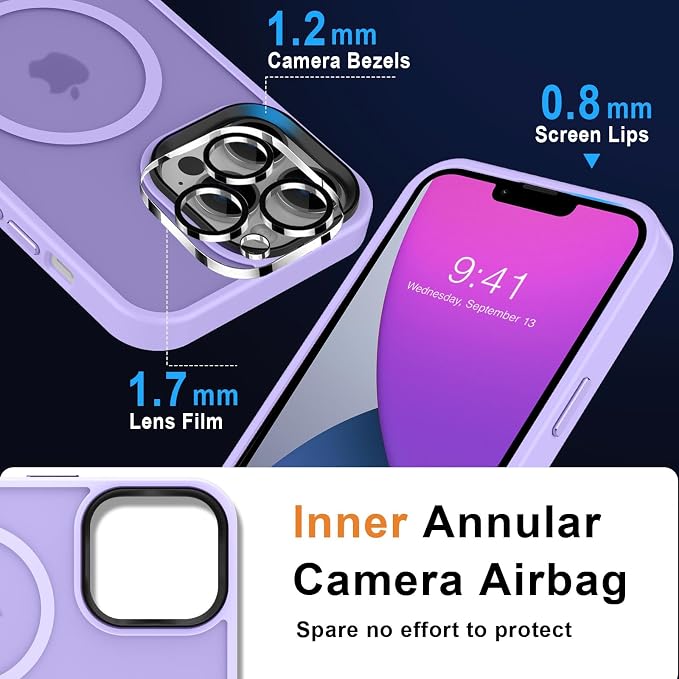 MOCCA Strong Magnetic for iPhone 13 Pro Max Case,[Compatible with Magsafe][Glass Screen Protector+Camera Lens Protector] Slim Thin Shockproof Cover Phone Case for iPhone 13 Pro Max 6.7", Light Purple