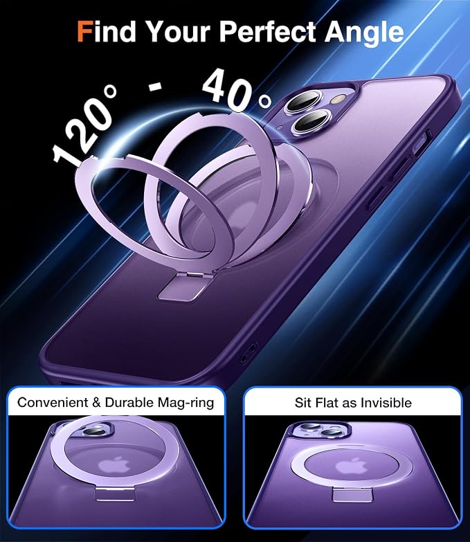 Chicfun 3-in-1 [Magnetic+Kickstand+Ring Holder] for iPhone 15 Case Stand Ring Holder Compatible with MagSafe, Magnetic Military Shockproof Protective iPhone 15 Phone Case Kickstand Cover Purple