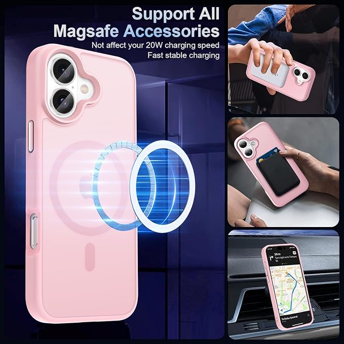 MOCCA Strong Magnetic for iPhone 16 Case, [Compatible with Magsafe][16FT Mil-Grade Drop Protection] Slim Thin Translucent Matte Protective Cover Case for iPhone 16 Phone Case 6.1", Pink