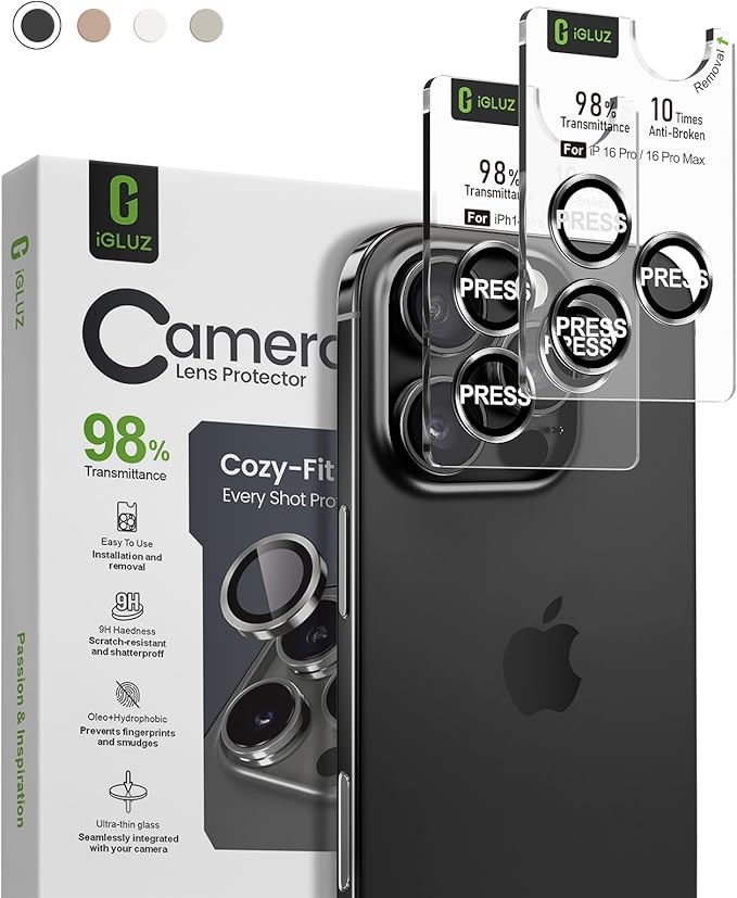 iGluz 2 Pack Anti-Reflection Camera Lens Protector for iPhone 16 Pro/iPhone 16 Pro Max [98% Transmittance][1-Step Installation Tray][Strong Adsorption] 9H Shatterproof Tempered Glass-Black Titanium