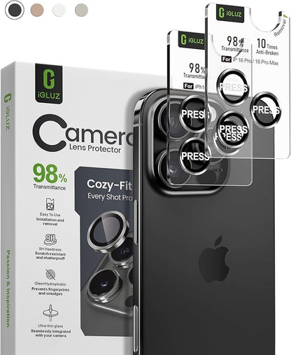 iGluz 2 Pack Anti-Reflection Camera Lens Protector for iPhone 16 Pro/iPhone 16 Pro Max [98% Transmittance][1-Step Installation Tray][Strong Adsorption] 9H Shatterproof Tempered Glass-Black Titanium