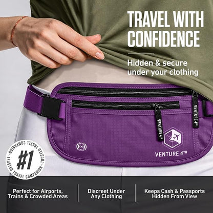 VENTURE 4TH Money Belt for Travel – Hidden Under-Clothes RFID Blocking Passport Holder & Slim Travel Wallet Pouch for Men & Women to Protect Cash, Cards & Documents (Purple)