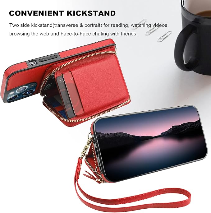 Bocasal RFID Blocking Wallet Case for iPhone 13 Pro Max, Adjustable Crossbody Zipper Purse with Kickstand and Detachable Wrist Strap, PU Leather Flip Folio Case 6.7 Inch 5G (Red)