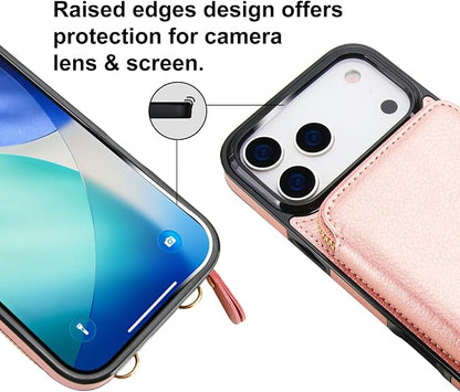 Bocasal Crossbody Wallet Case for iPhone 17 Pro Max, RFID Blocking Leather Purse Case with Card Holder, Protective Handbag Flip Cover with Zipper Wrist Strap Lanyard for Women 5G 6.9 Inch (Rose Gold)