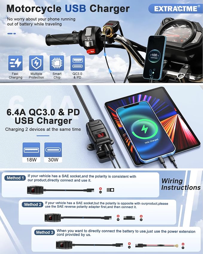 EXTRACTME Motorcycle USB Charger, 30W USB Type C PD & 24W QC3.0 Motorcycle Phone Charger with Voltmeter & ON/Off Switch, SAE to USB Motorcycle Accessories for Phone, Tablet, GPS, etc