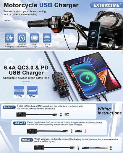 EXTRACTME Motorcycle USB Charger, 30W USB Type C PD & 24W QC3.0 Motorcycle Phone Charger with Voltmeter & ON/Off Switch, SAE to USB Motorcycle Accessories for Phone, Tablet, GPS, etc