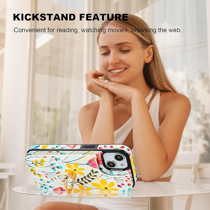 HAOPINSH for iPhone 13/ iPhone 14 Wallet Case with Card Holder, 360°Rotation Ring Kickstand, Floral Flower Pattern, RFID Blocking Leather for Girls Women, Double Buttons Flip Protective Cover 6.1"