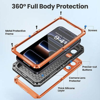 Mitywah Waterproof Case for iPhone 17 Pro Max, Rugged Metal Case with Built-in Screen Protector, Heavy Duty Full Body Shockproof Protective Cover 6.9 inch, Orange