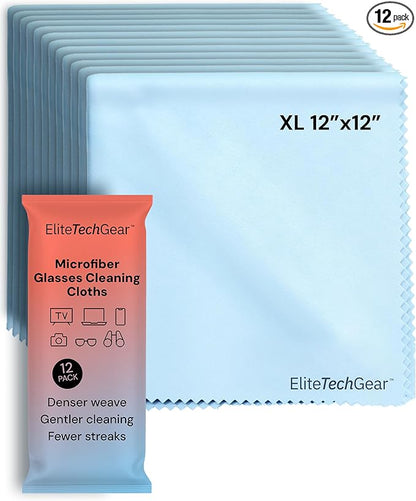 Elite Screens Microfiber Cleaning Cloth - 12-Pack, 12" x 12", Blue - Oversized Eyeglass Cleaning Cloth - Quick-Dry Reusable Glasses Wipes - Portable Pocket Lens Wipes
