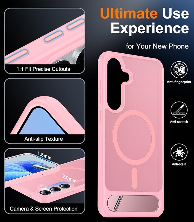 Magnetic for Samsung Galaxy S25 Plus Case, [Innovate Stand][Military Grade Drop Protection][Non Slip][Translucent Matte] Shockproof Phone Case for Galaxy S25 Plus 6.7" 2025 -Pink
