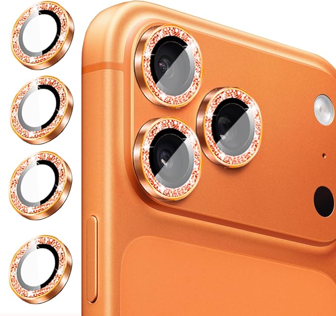 Compatible for iPhone 17/17 Pro/iPhone 17 Pro Max Camera Lens Protector Bling, Cute Sparkle Glitter Camera Cover for Women, Individual Ring, Anti-Scratch (3 Protectors + 1 Extra), Orange