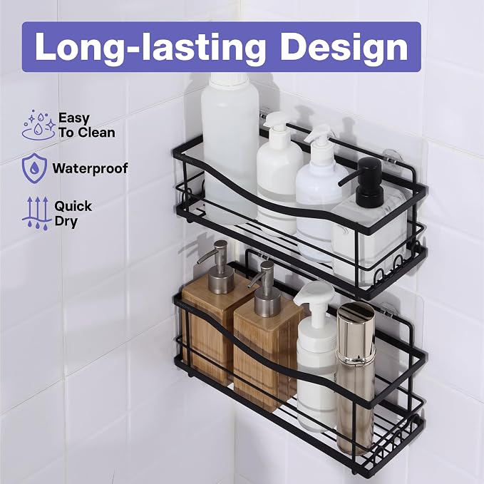 KINCMAX Iron Shower Caddies - Self Adhesive Bathroom Shelves for Showers - Wall Organizer Shampoo Holder Shelf - Peel and Stick On Caddy Bath Tub Rack - Pack of 2 Holders - Black