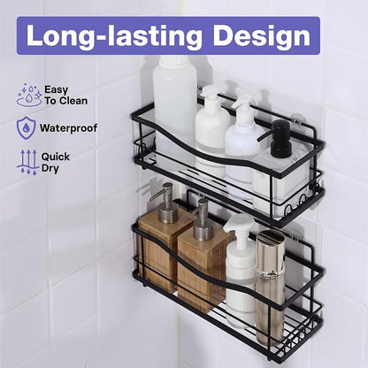 KINCMAX Iron Shower Caddies - Self Adhesive Bathroom Shelves for Showers - Wall Organizer Shampoo Holder Shelf - Peel and Stick On Caddy Bath Tub Rack - Pack of 2 Holders - Black