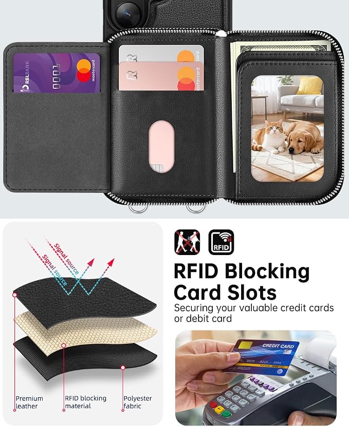 OCASE Compatible with Samsung Galaxy S26 Ultra Crossbody Wallet Case with Card Holder, PU Leather Zipper Handbag Phone Purse with RFID Blocking Kickstand Wrist Strap Lanyard, Black