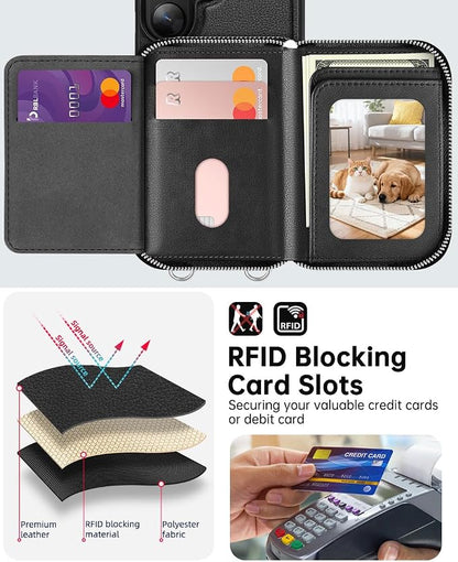 OCASE Compatible with Samsung Galaxy S26 Ultra Crossbody Wallet Case with Card Holder, PU Leather Zipper Handbag Phone Purse with RFID Blocking Kickstand Wrist Strap Lanyard, Black