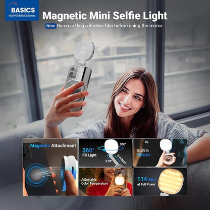 NEEWER Basics Magnetic Selfie Light Compatible with MagSafe iPhone, 2W Bi Color Small LED Phone Fill Ring Lighting CRI95+ with 360° Swivel, Mirror for Makeup Video Conference Recording, NL72B White