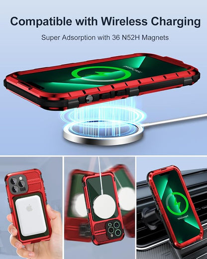 WIFORT for iPhone 13 Pro Max Waterproof Case, Metal Heavy Duty Phone Case Built-in Screen Protector IP68 Water Proof 15FT Military Grade Shockproof, Full Body Drop Protection Cover, 6.7" Red