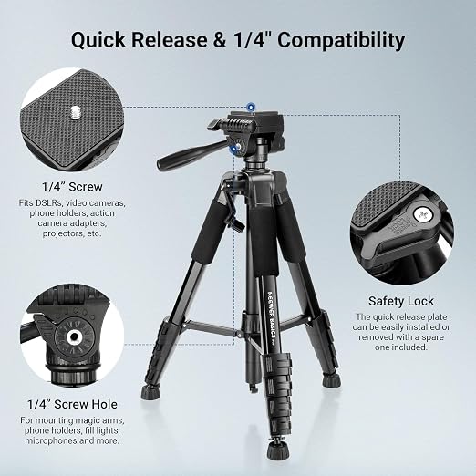 NEEWER Basics Camera Tripod, 74" Tripod with Cell Phone Holder Mount Compatible with iPhone for Video Recording, Professional Aluminum Lightweight Portable Travel Stand with 3 Way Pan Tilt Head, TP56