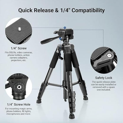NEEWER Basics Camera Tripod, 74" Tripod with Cell Phone Holder Mount Compatible with iPhone for Video Recording, Professional Aluminum Lightweight Portable Travel Stand with 3 Way Pan Tilt Head, TP56