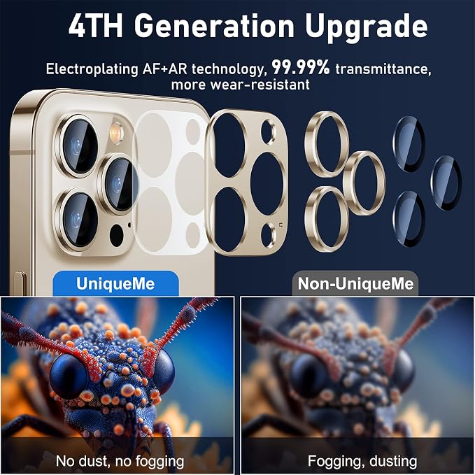 UniqueMe for iPhone 13 Pro/iPhone 13 Pro Max Camera Lens Protector, [Strong Drop Protection] [Not Easy to Fall-off] Metal Ring Tempered Glass Rear Camera Screen Cover - Gold