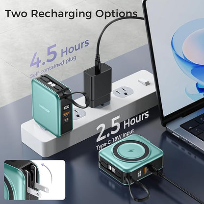 6-in-1 Magnetic Wireless Portable Charger 10000mAh – 22.5W Fast Charging with AC Wall Plug Built-in USB-C & Lightning Cables for iPhone 17/16/15/14/13/12, Android & Samsung(Green)