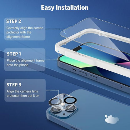 OMOTON Screen Protector and Camera Lens Protector for iPhone 13 with Frame Installation Aid