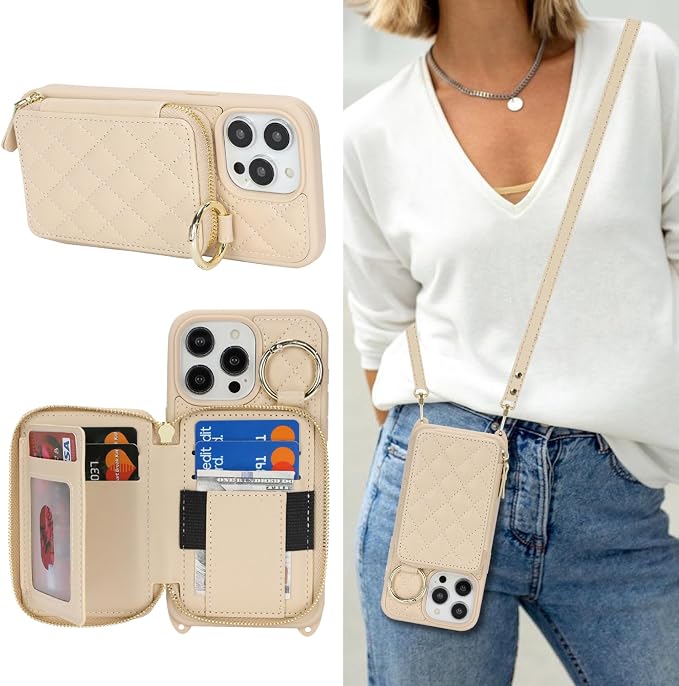 Crossbody Wallet Case for iPhone 14 Pro Max, PU Leather Zipper Handbag Purse Flip Cover, Kickstand Folio Case with Card Slots Holder Wrist Strap Lanyard 5G 6.7 Inch-White
