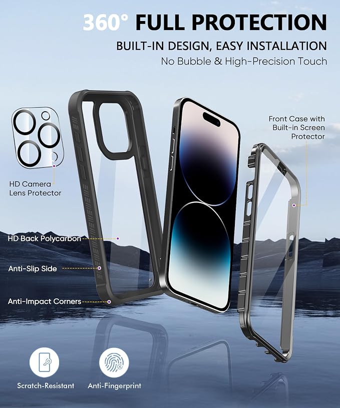 Compatible with iPhone 15 Pro Max Case, Built-in Screen Protector, with Camera Lens Protector, Anti-Yellowing Full Body Phone Case, Shockproof Protective Cover for 15 ProMax 6.7" (Black)