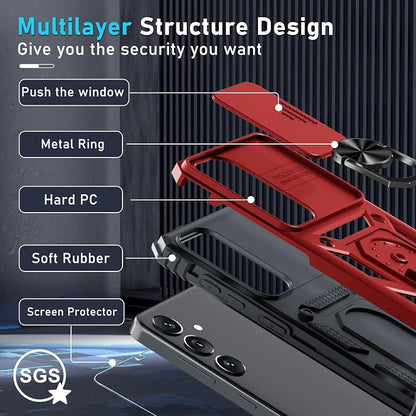 Janmitta Compatible with Samsung Galaxy S25 Plus/S24 Plus Case Built in Slide Camera Lens Cover+Screen Protector+Finger Ring Holder Kickstand,Heavy Duty Shockproof Full Body Phone Cover,Red