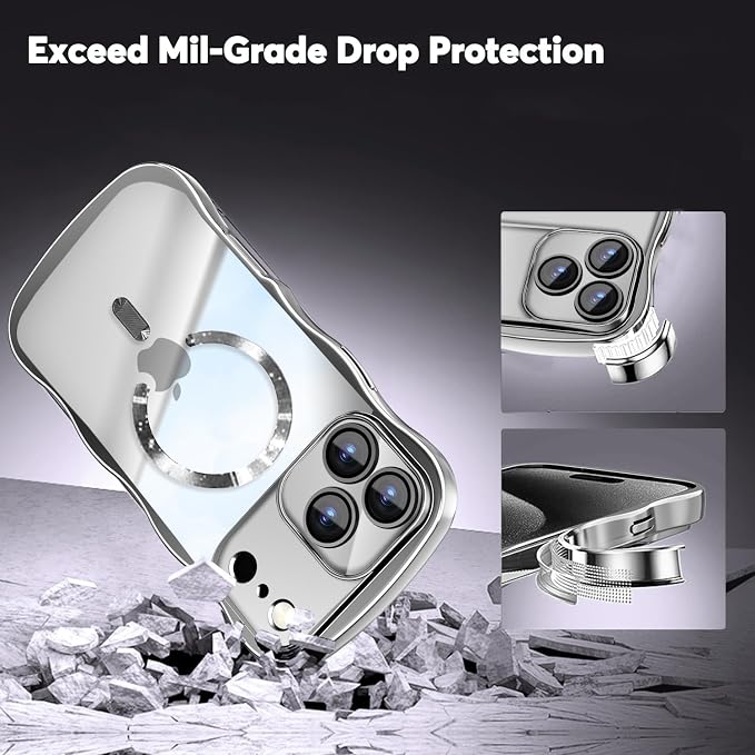 Misscase Designed for iPhone 17 Pro Case 6.3",with Privacy Screen Protector*1,Cute Wave Frame Case with Camera Lens Protector,Compatible with MagSafe Plating Bling for Women Silver