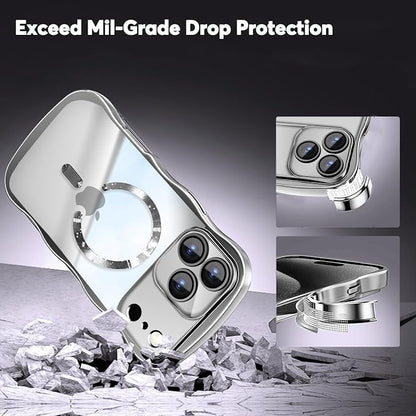 Misscase Designed for iPhone 17 Pro Case 6.3",with Privacy Screen Protector*1,Cute Wave Frame Case with Camera Lens Protector,Compatible with MagSafe Plating Bling for Women Silver