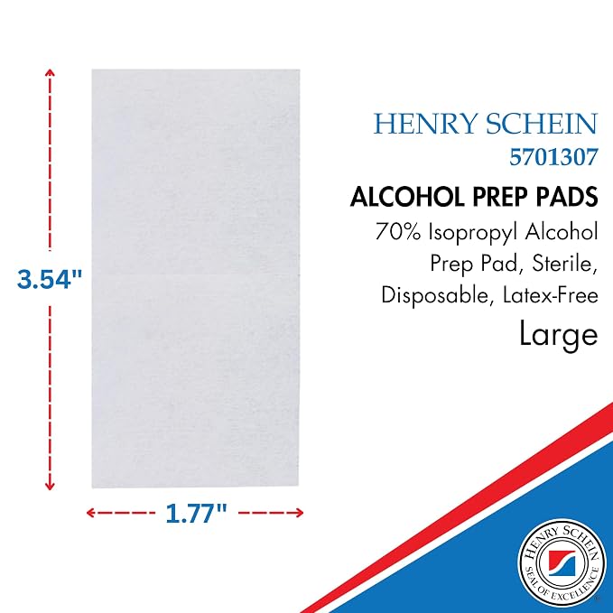 Henry Schein Large Alcohol Prep Pads (200/Box) - 70% Isopropyl Alcohol Wipes, Individually Wrapped - 2 ply, Textured - Skin Prep Alcohols Swabs - Sterile Pads