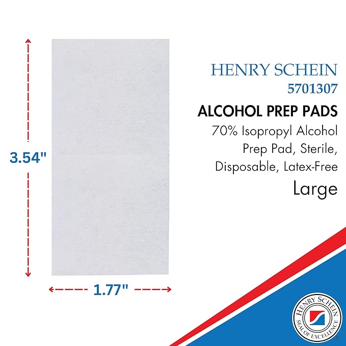 Henry Schein Large Alcohol Prep Pads (4 Boxes, 800 Total) – 70% Isopropyl Alcohol Wipes, Individually Wrapped – 2-Ply, Textured – Skin Prep Alcohol Swabs – Sterile Pads