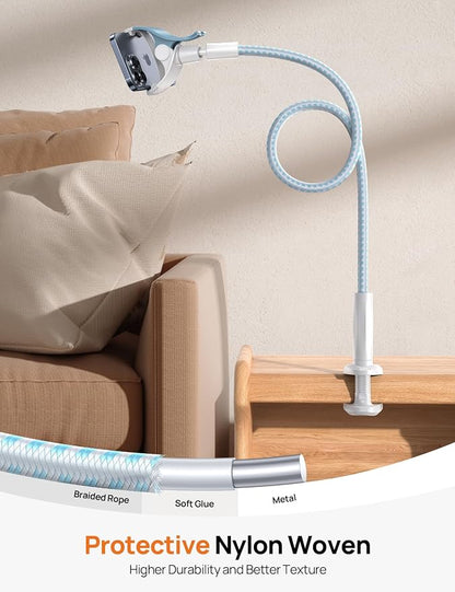 Aomiker Gooseneck Phone Holder for Bed - [Upgrade Nylon Braid] 38” Flexible Lazy Arm Clip, 360 Adjustable Overhead Phone Mount for iPhone 16 15 14 13 12 11 Pro Max Mini Plus, 4-7" Cellphone - White
